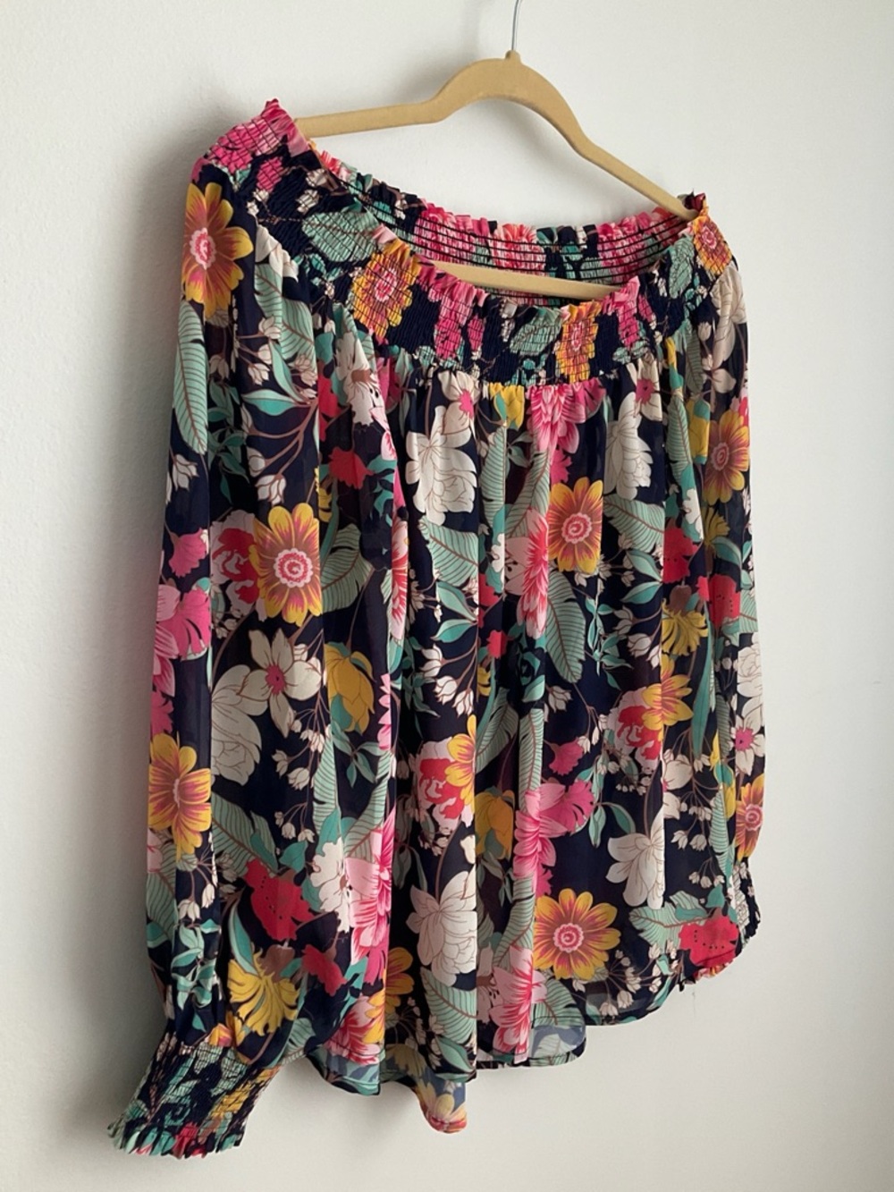 Umgee Medium Navy Floral Off-Shoulder Blouse with Pink, Yellow and Mint Accents - Picture 3 of 11
